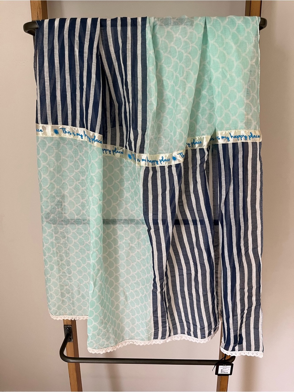 Mona B Navy and Sky Blue Striped & Scallop Print Scarf Wrap